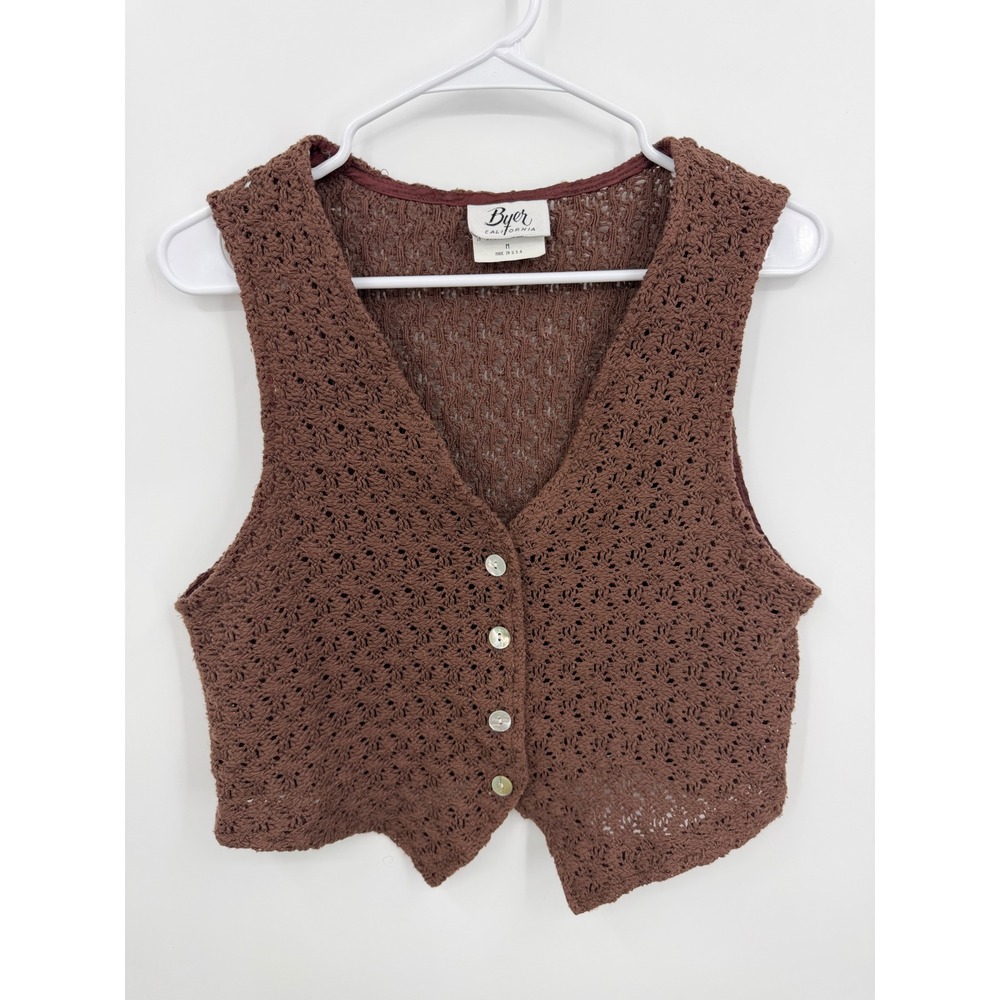 Byer California Crochet Knit Vest Women Medium Brown Vintage Button Front Boho